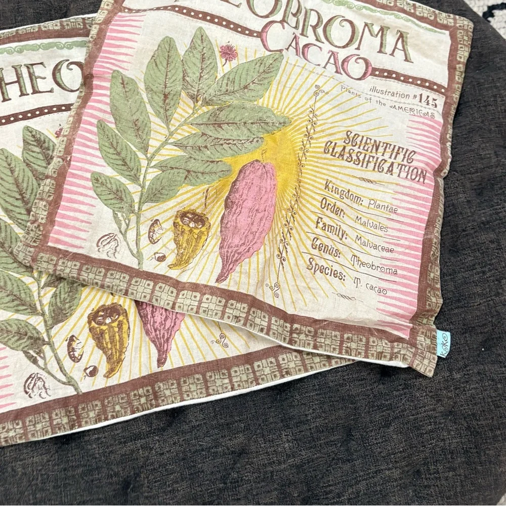Set of 2 Koko Company Botanica 20” Pillow Covers Linen- Theobroma Cacao Print.